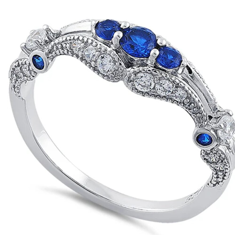 Sterling Silver Filigree Blue Spinel CZ Ring